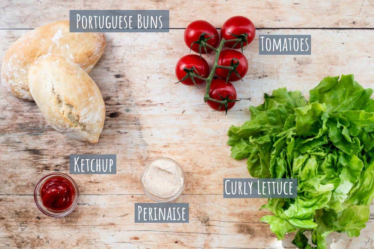 A labelled photo of the ingredients needed for the burger filling.