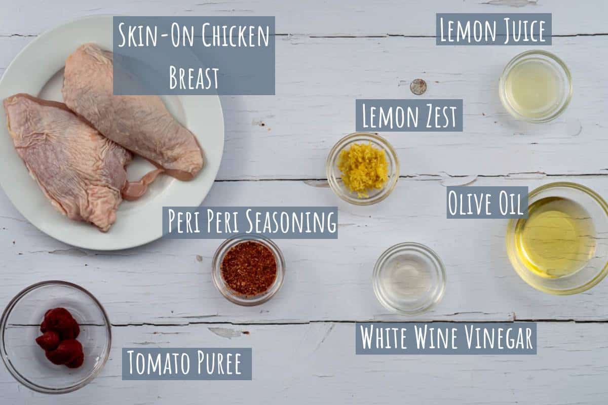 A labelled photo of the ingredients needed for the peri peri marinade.