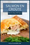 A Pinterest graphic, a close-up of a sliced Salmon parcel with the sauce pouring out.