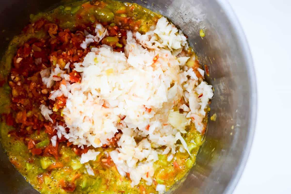 A close-up of some of the blended ingredients of the Autumn chutney in a pan.