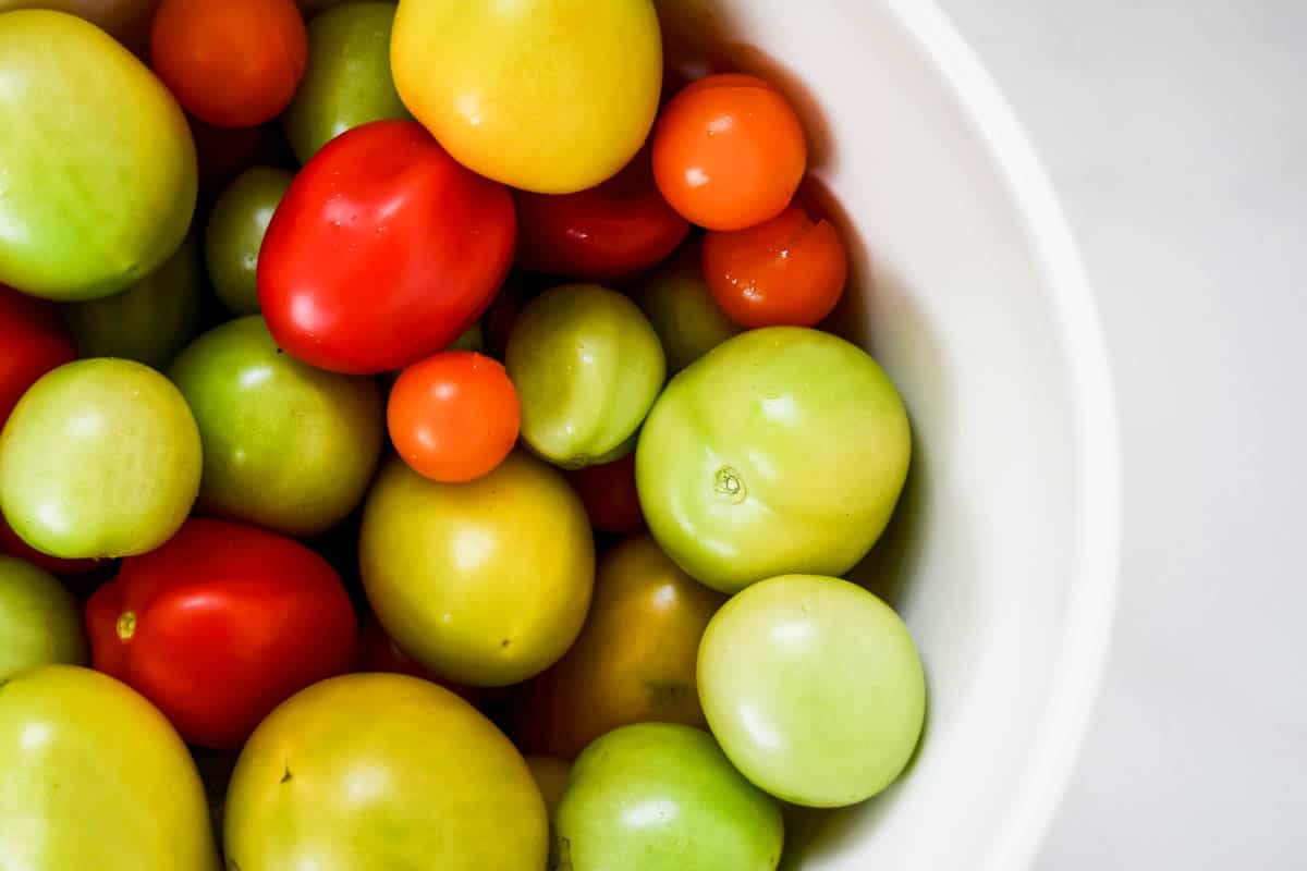A close-up of a bowl filled with green and red tomatoes.