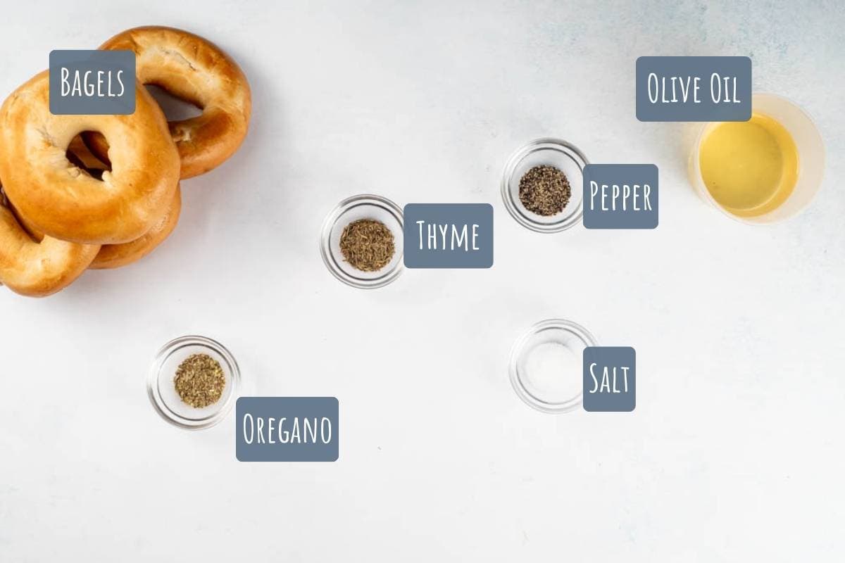 A labelled photo of all the ingredients needed to make bagel chips.