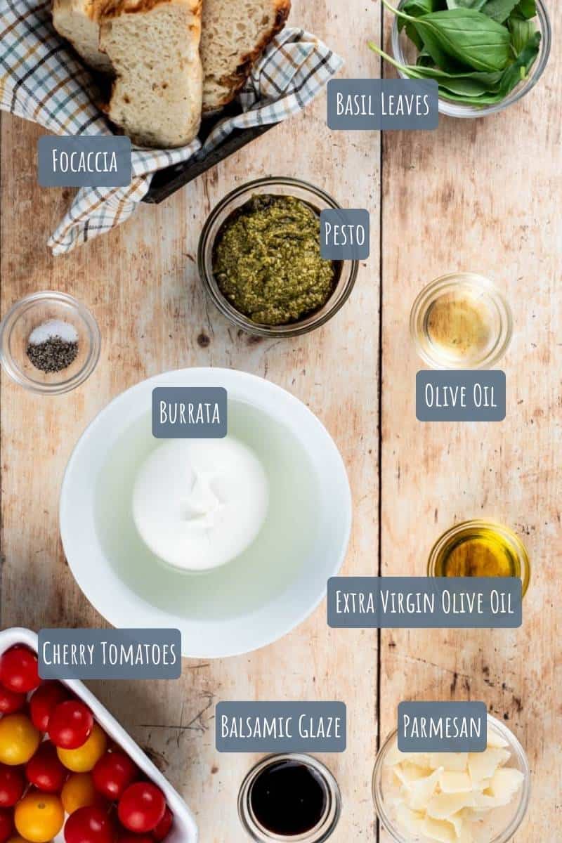 A labelled photo of all the ingredients needed to make Bruschetta Burrata.