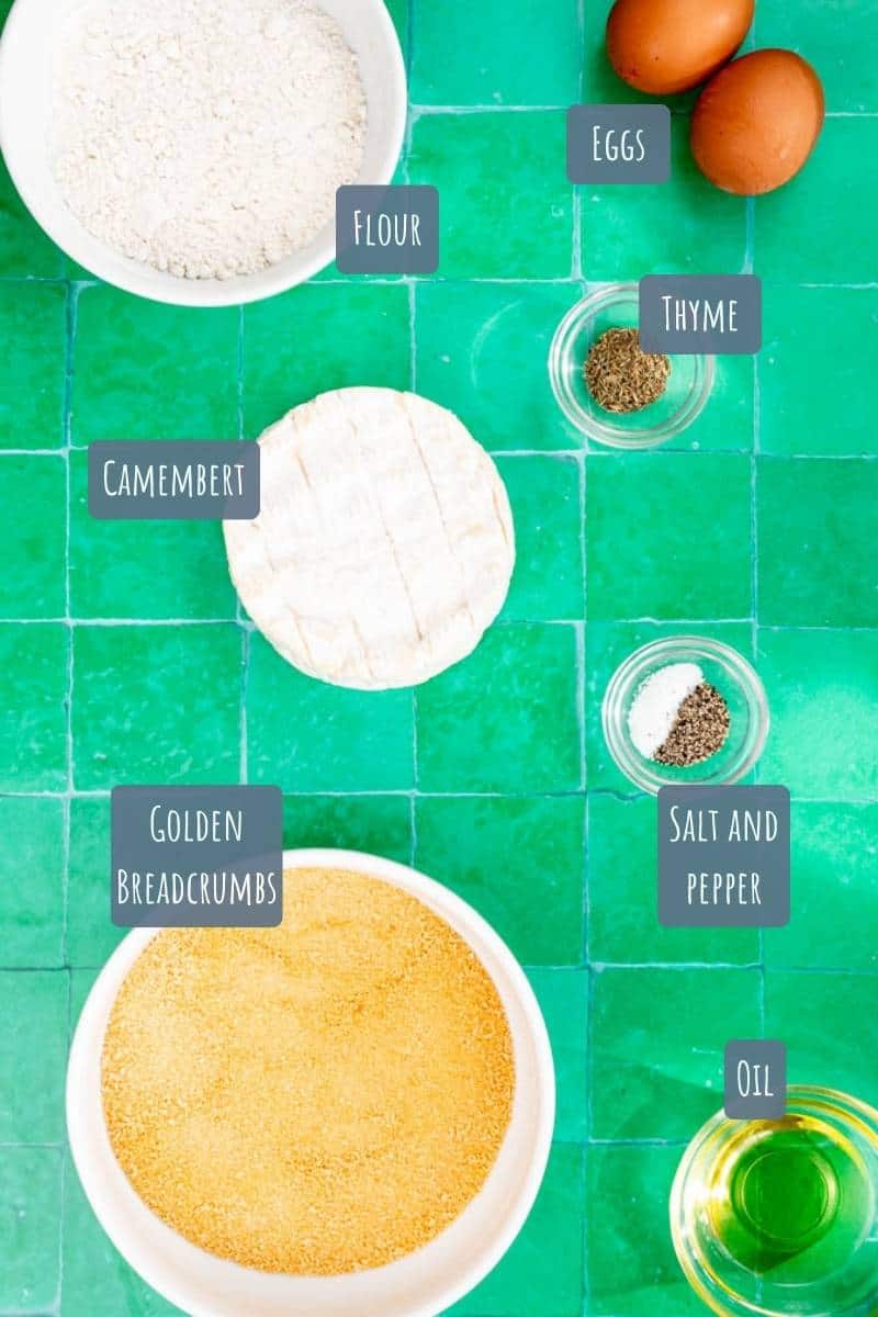 A labelled photo with all the ingredients needed to make camembert bites.