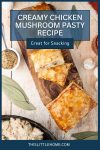 A Pinterest graphic. Three pasties on a wooden board with the middle one cut in half to show the filling.