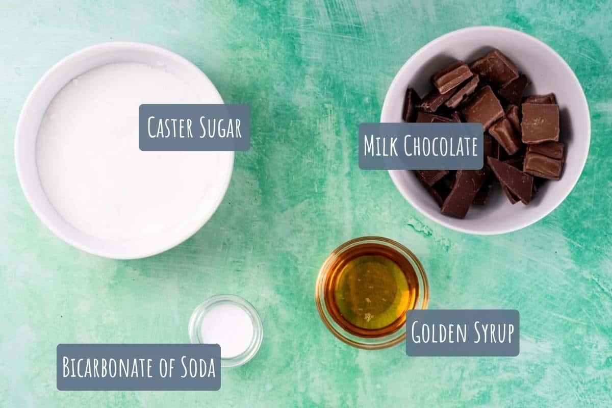 A labelled ingredient list with everything you need to make cinder toffee.