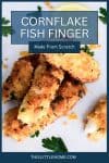 A Pinterest graphic, a stack of cornflake fish fingers surrounded by fresh parsley and lemon.