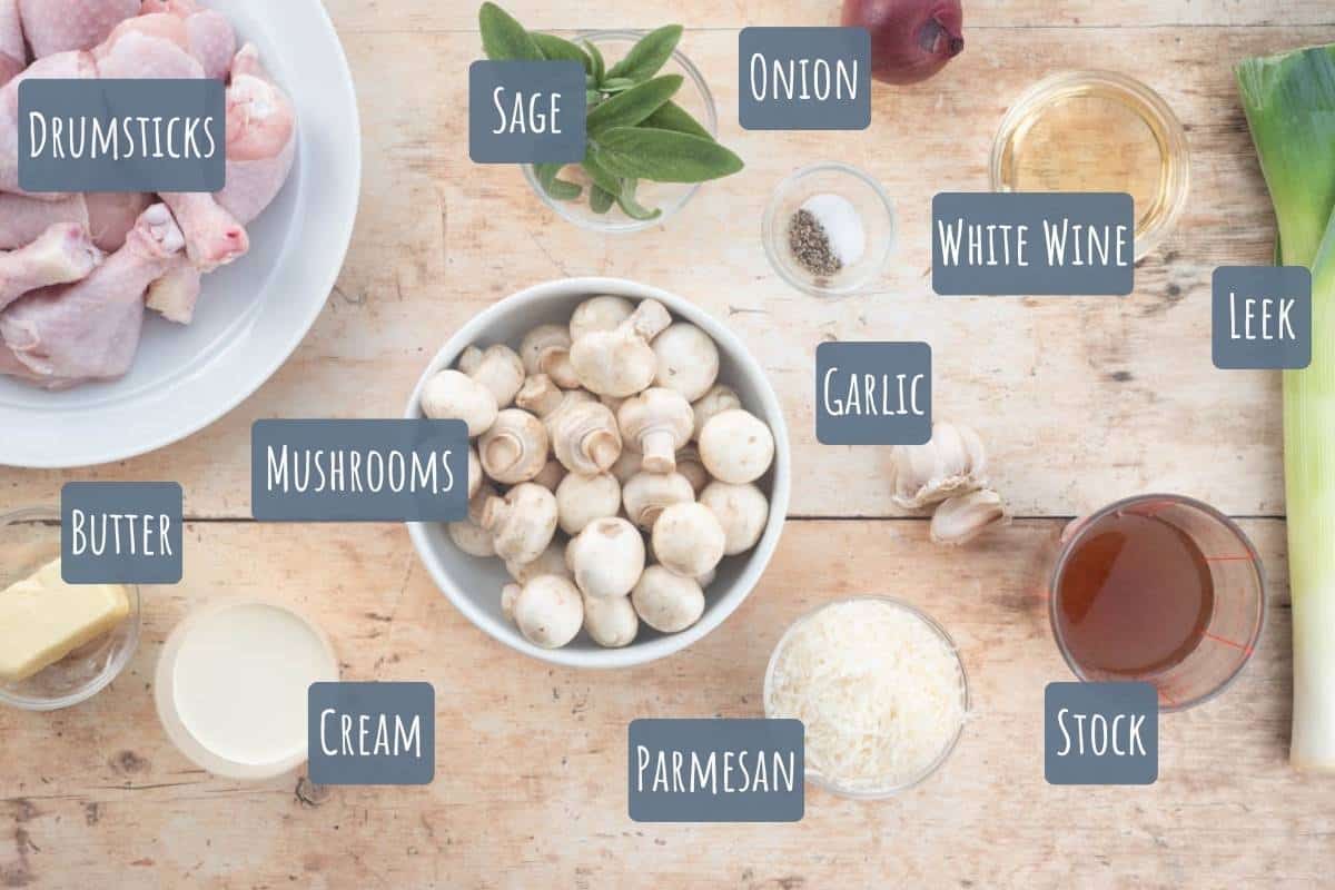 A labelled photo with all the ingredients needed to make creamy chicken drumsticks.
