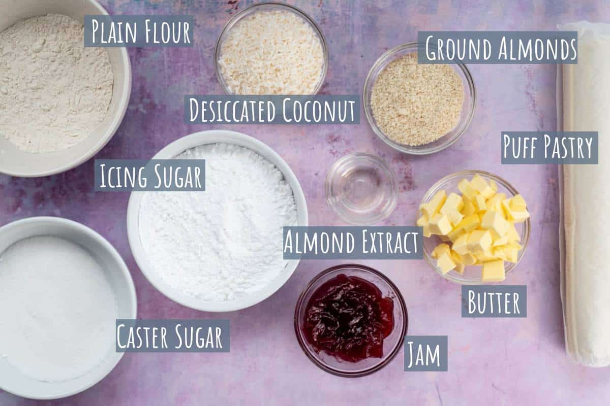A labelled photograph of the ingredients needed to make London Cheesecakes.
