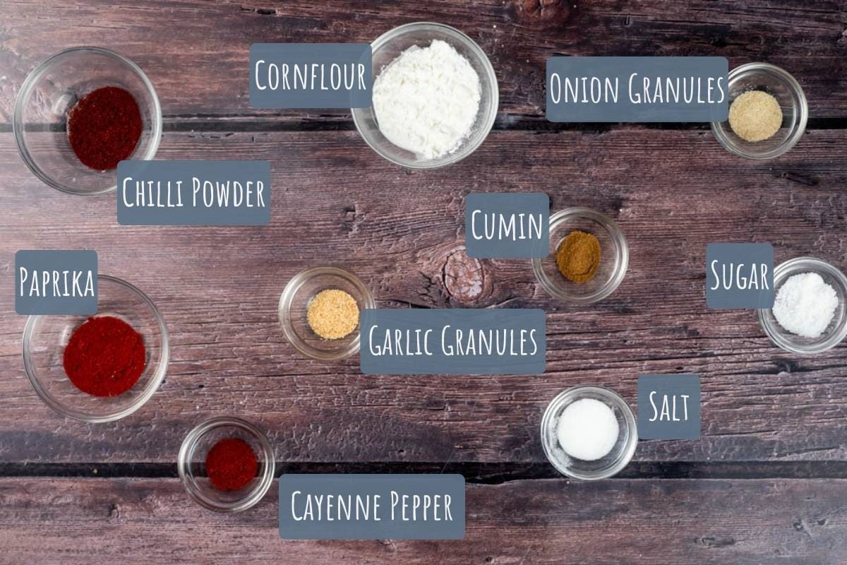 A labelled photo with all the ingredients needed to make fajita seasoning.
