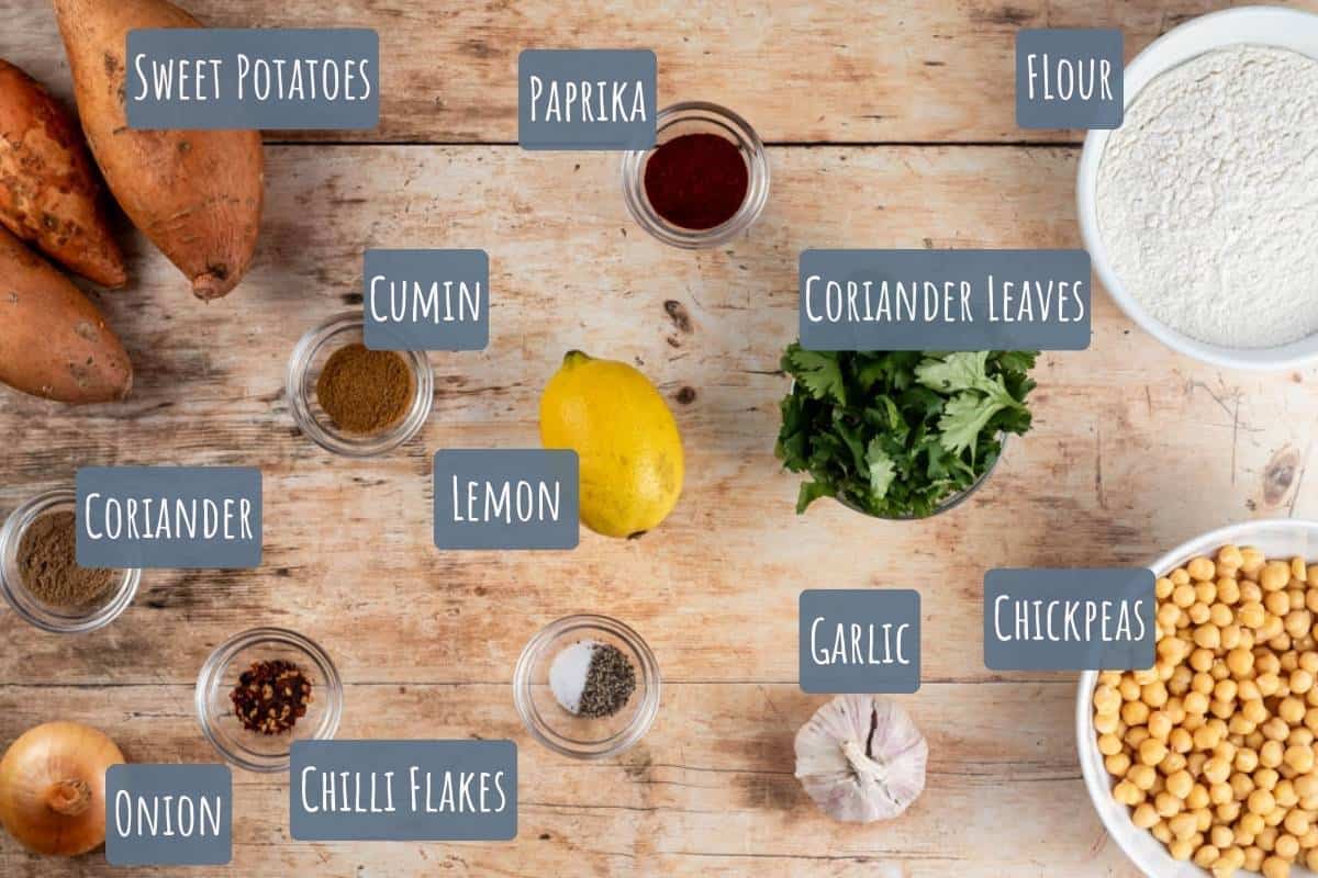 A labelled photo of all the ingredients needed to make sweet potato falafels.