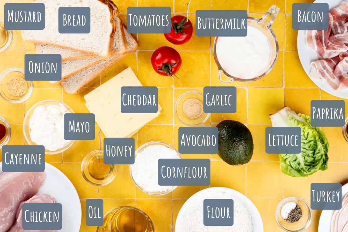 A labelled photo with all the ingredients needed to make a fried chicken club sandwich.