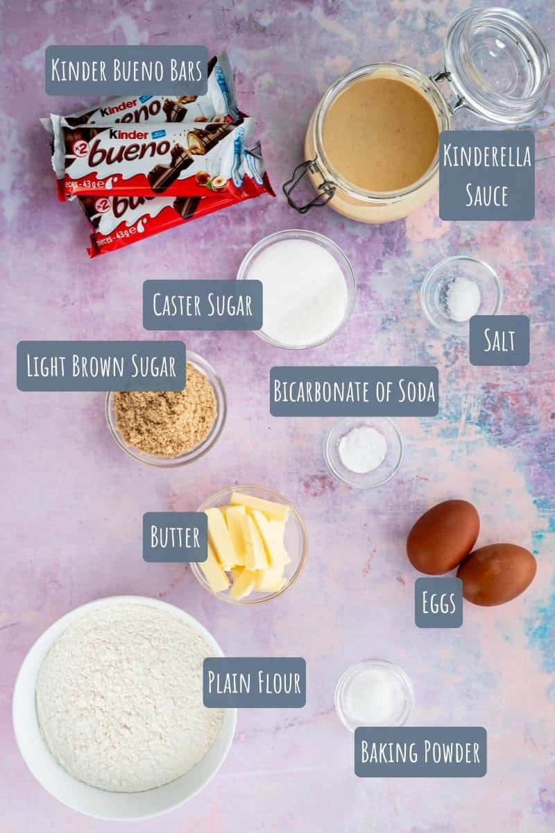 A labelled photo with all of the ingredients needed to make Kinder Bueno Cookies.