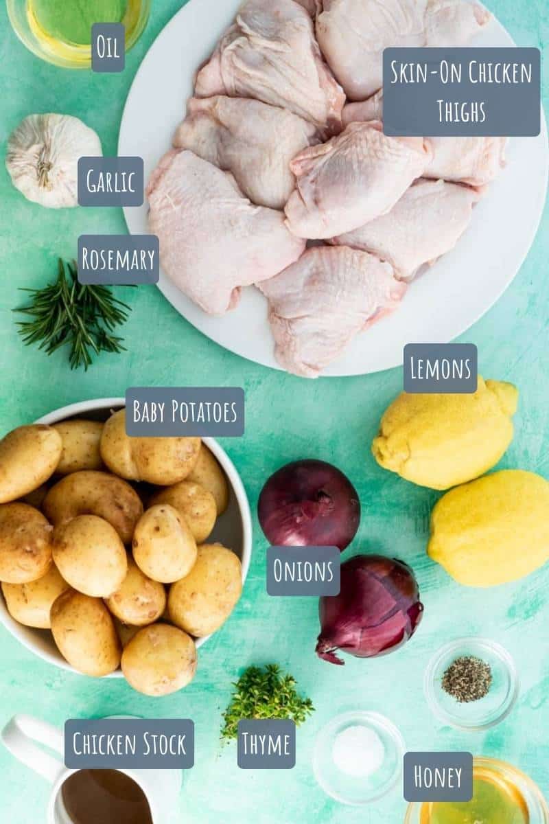 A labelled photo with all the ingredients needed to make a Lemon Chicken tray bake.