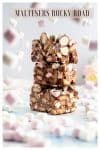 A Pinterest graphic. A stack of three rocky road bars surrounded by mini marshmallows.
