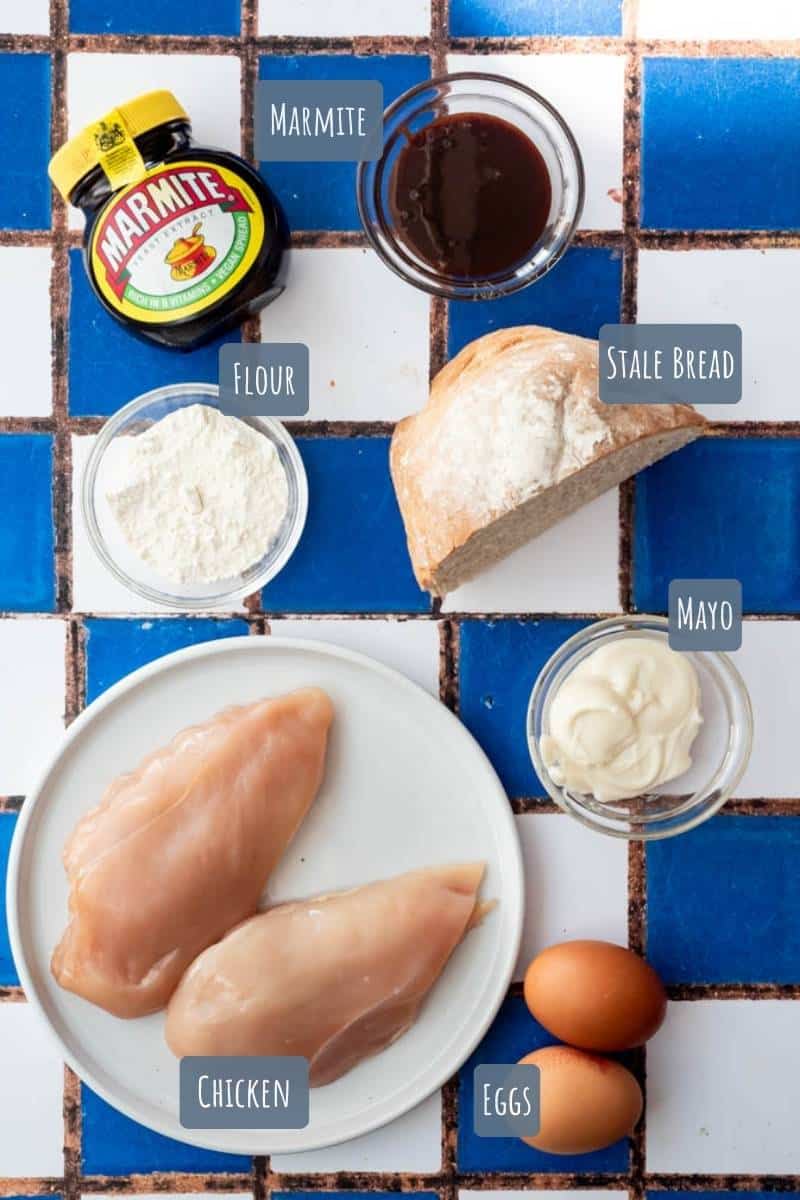 A labelled photo with all the ingredients needed to make Marmite chicken dippers.
