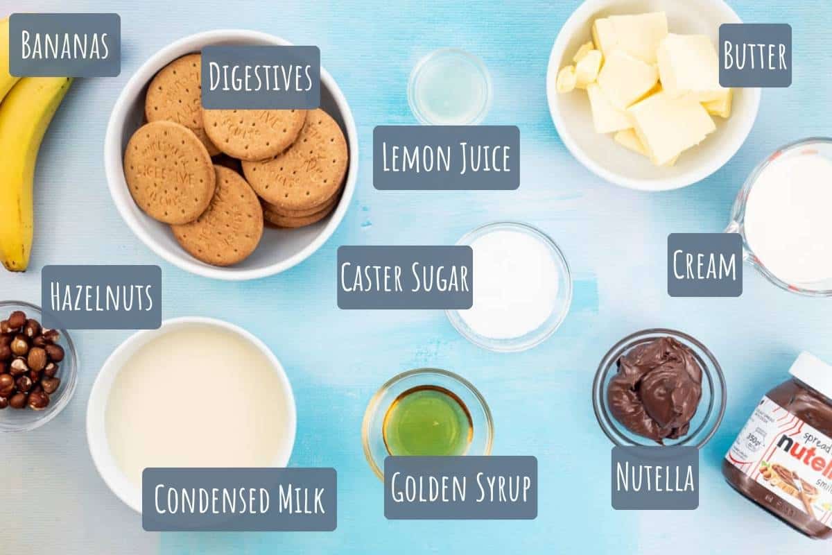 A labelled photo of all the ingredients needed to make Nutella banoffi pie.