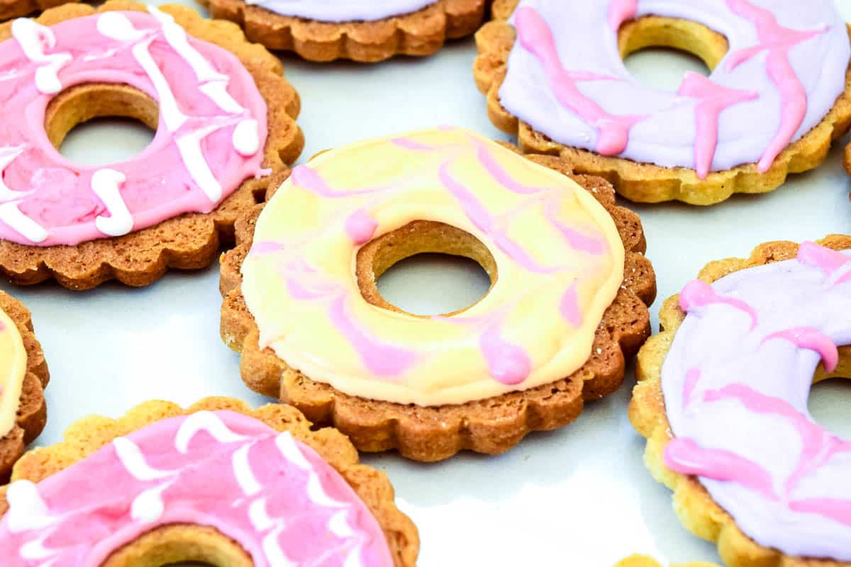 A close up of different coloured iced biscuits laid out in rows.