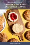 A Pinterest graphic. A sliced scone on a wooden board, spread with jam and cream.