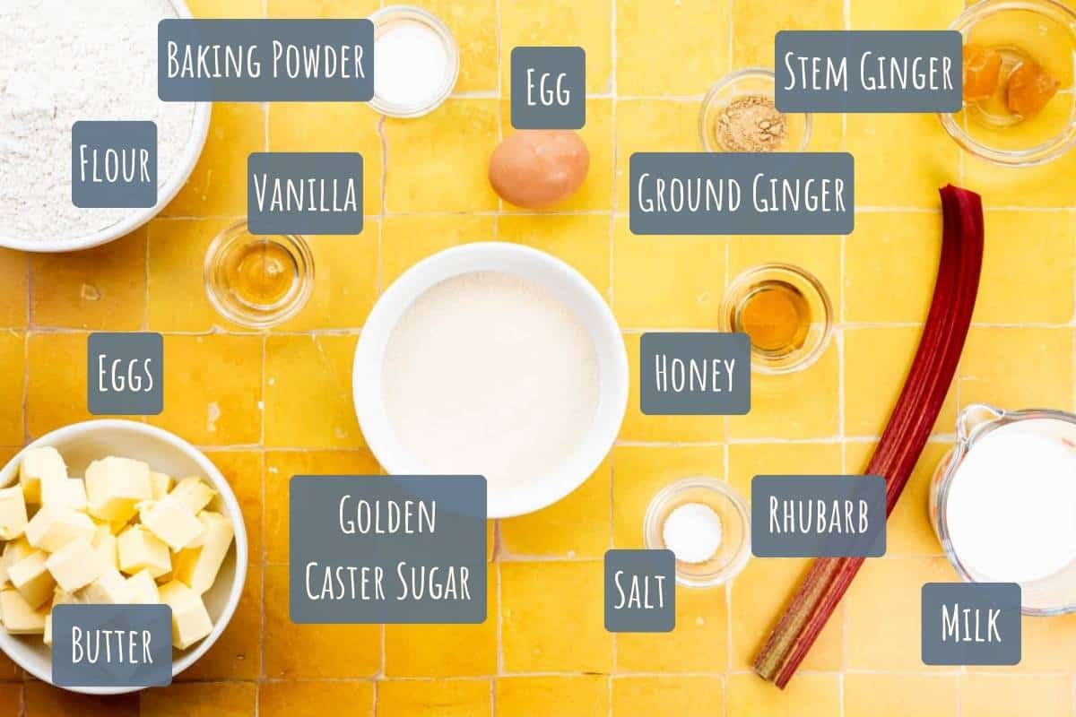 A labelled photo with all ingredients needed to make rhubarb and ginger scones.