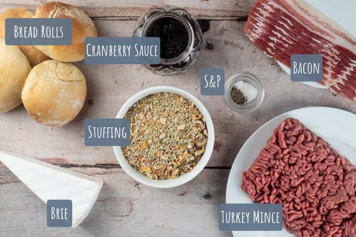 A labelled photo of all the ingredients needed to make turkey smash burgers.